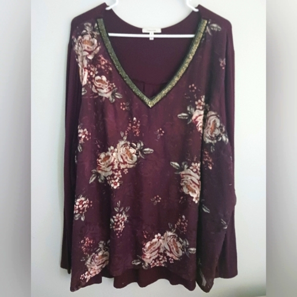 Maurice's Women's Burgundy Floral with Bling Trim Long Sleeve Top. Size 3X - Picture 1 of 11